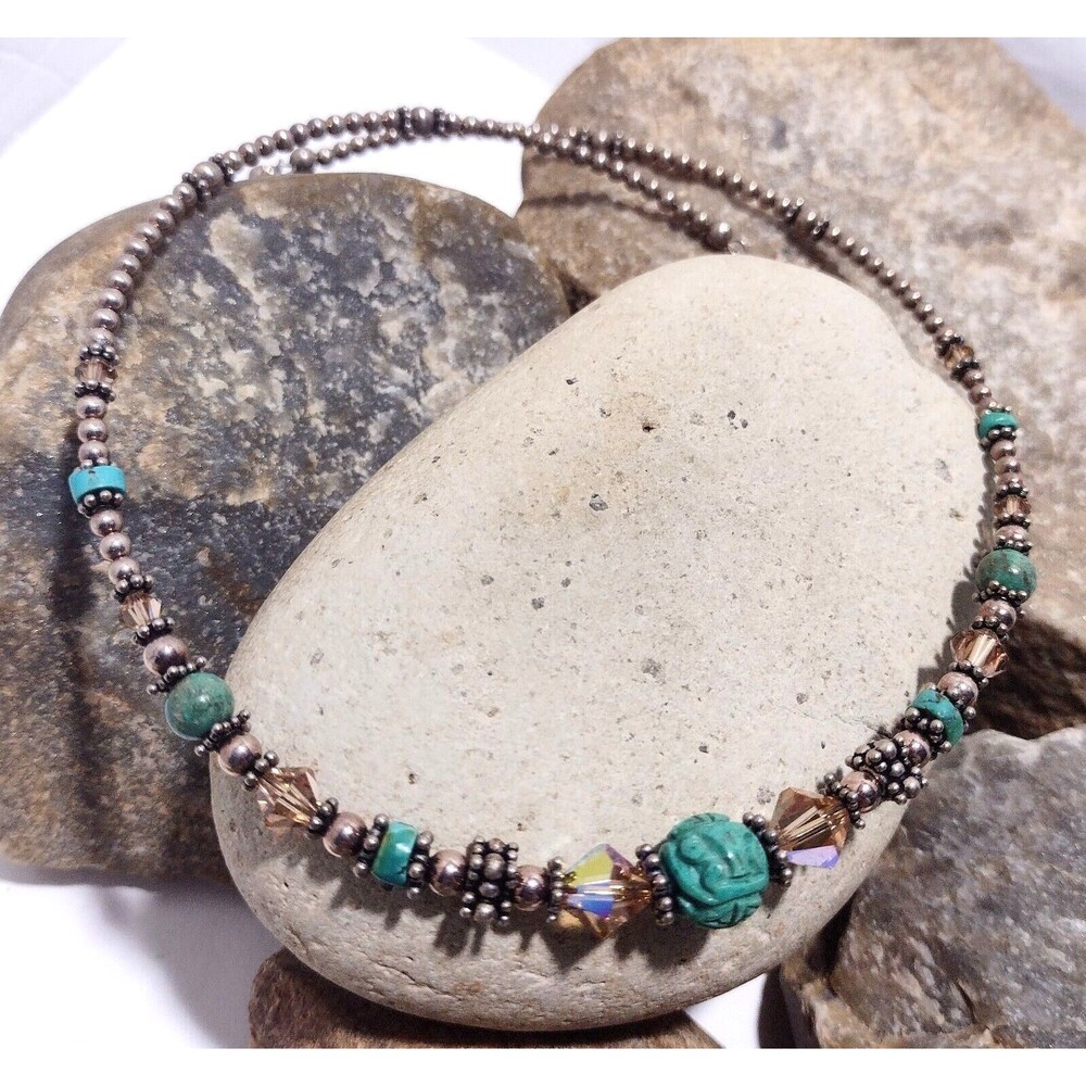 Sterling Silver Beaded Turquoise Stone Memory Wire Choker Necklace